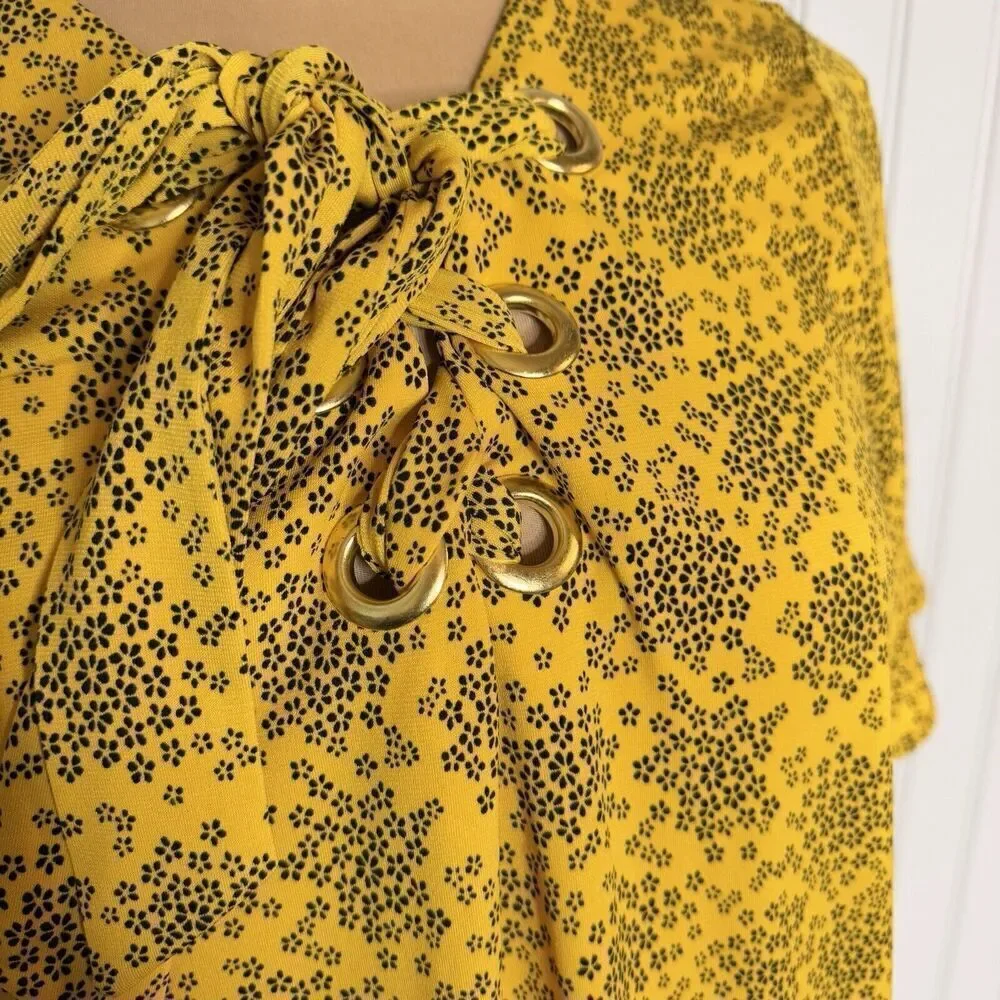 Michael Kors Sz M Floral Tie Flare Sleeve Popover Tunic Blouse Shirt Gold HW